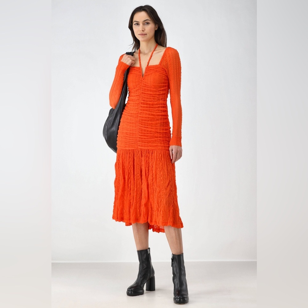 GANNI Ruched Stretch Cloqué Midi Dress in Orange